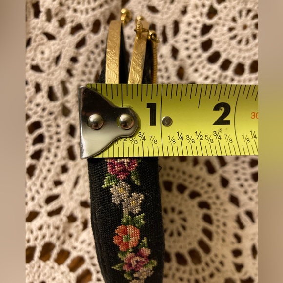 Vintage Circular Clutch Black Bag With Stitched Florals, Gold Accents - Picture 17 of 17